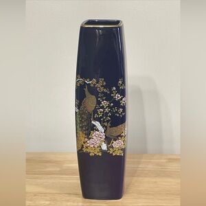 Vintage Yamahiro Toen Japanese Square 11" Vase Cobalt Blue Gold Peacocks Floral
